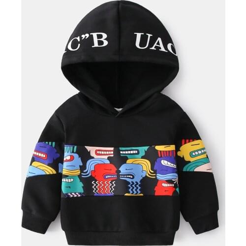 2021 Spring New Abstract Cartoon Letter Trend Sweater Casual Black Printed Hooded Sweater For Boys And Girls Children Clothing