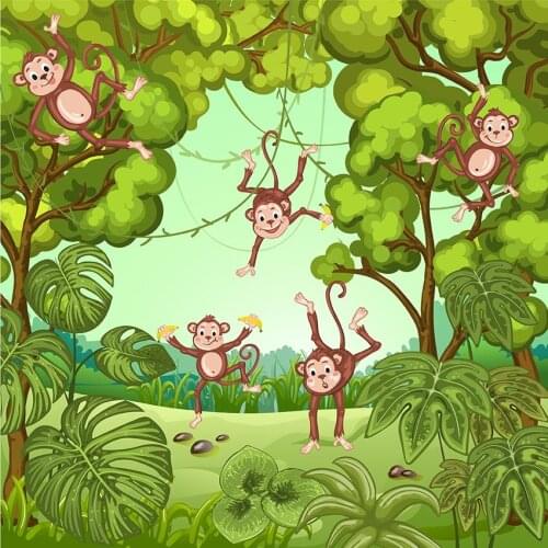 Tropical Jungle Background For Photography Brown Monkey Green Trees Leaves Backdrop For Children Birthday Party Photo Props
