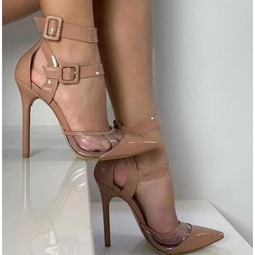 Nude Patent Leather PVC Patchwork High Heels Sexy Ladies Pointed Toe Double Strap Buckled Pumps Woman Party Dress Heels Shoes
