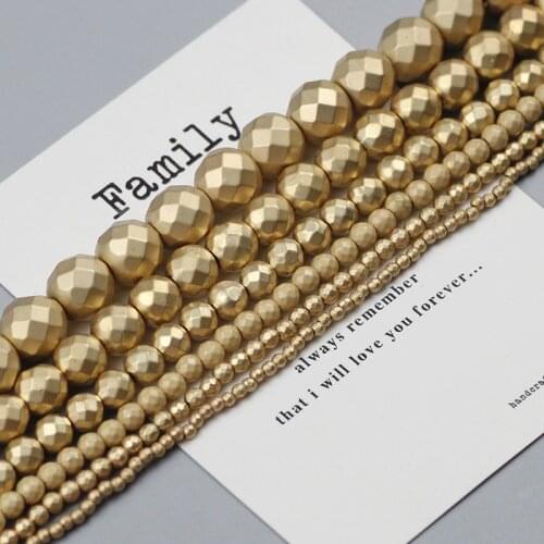 WLYeeS Matte Natural Stone Bead Faceted 14 Gold Hematite Stone beads for Jewelry Making DIY Bracelets Necklace 2 3 4 6 8 10mm