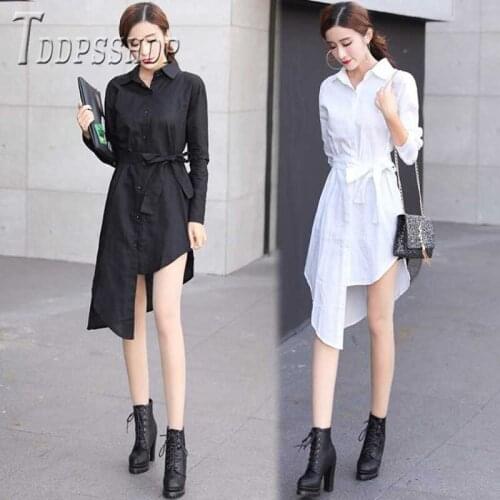 2020 Waist Strap Irregular Women Blouse Black And White Chic Female Blouses