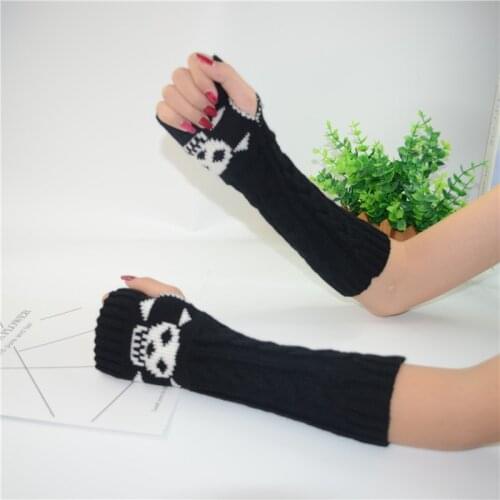 Women Winter Wrist Arm Warmer Skull Knitted Long Fingerless Gloves Mitten Halloween Gloves Womens Knitted Sleeve Winter Gloves