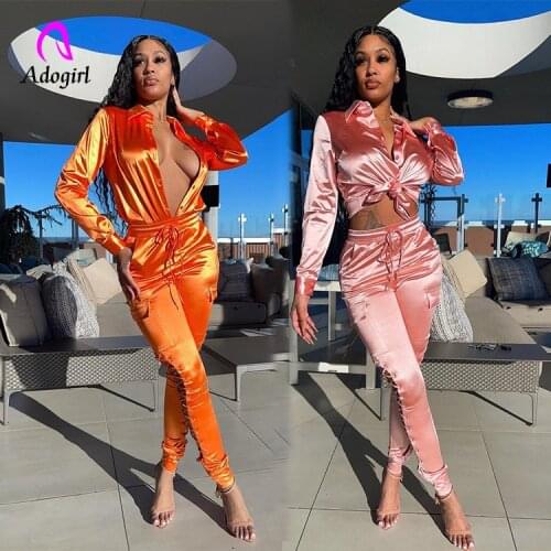 Satin Women 2 Piece Set Long Sleeve Button Up Shirts Hollow Out Skinny Joggeing Pants Matching Set Solid 2021 Autumn Cargo Pants