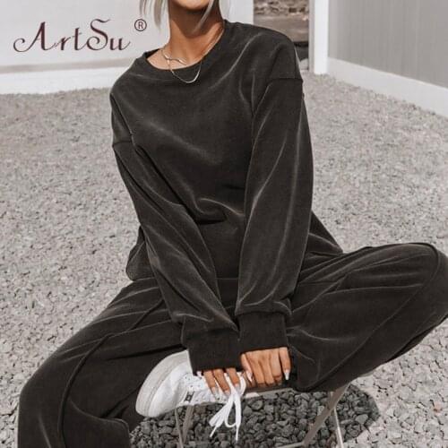 ArtSu Boyfriend Style Street Solid Two Pieces Set Woman Autumn Winter Long Sleeve Hoodie + Long Pants Oversized Tracksuit Casual