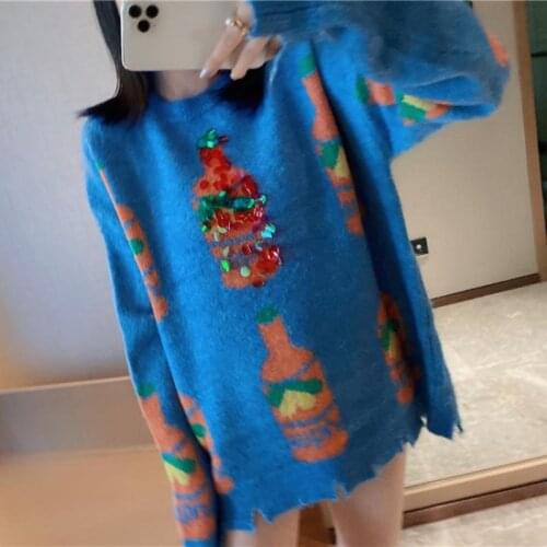 2021 Women Autumn Winter Ragged Edge Knitted Sweater Kawaii Sweet New Cute Casual Pullover Blue Water Bottle Print Sequins Top