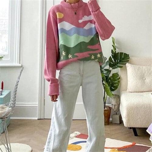 MESTTRAF Women 2021 Fashion Landscape Pattern Jacquard Knitted Sweater Vintage Long Sleeve Round Neck Female Pullovers