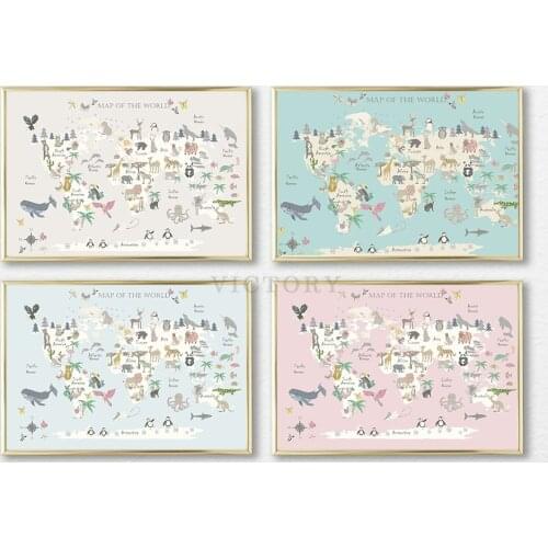 Animal World Map Nursery Wall Art Canvas Painting Watercolor Posters and Prints Cute Cartoon Animals Pictures Kids Room Decor