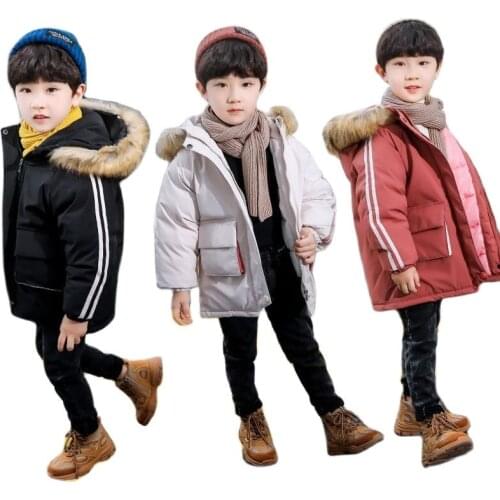 Winter Polyester Fiber Boys And Girls Coat Mid-Length Fashion Thicken Jacket Solid Color Hooded Snowsuit Casual Childrens Parka
