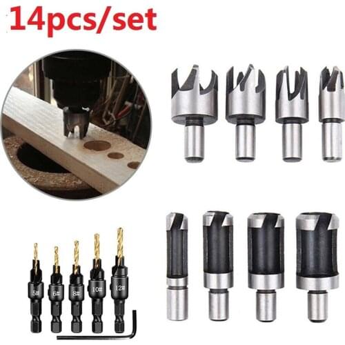 10/14 Pcs Five-slot Countersunk Drill Chamfered Plug Cutter Drill Bits Woodworking Drill Wood Plug Hole Cutter Hex Spanner Tool