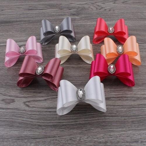 120pcs/lot 3.2" 8colors Newborn Luxe Kids Bows+Crystal Rhinestone Button Handmade Hard Satin Bow For Kids Girls Hair Accessories