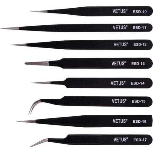 Anti-static Vetus ESD Stainless Steel Tweezers Black Color Industrial Precision Curved Straight Tweezers Repair Tools
