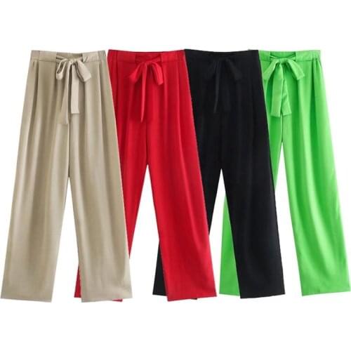 PUWD Leisure Women Loose Green Sashes Trousers 2021 Spring Elegant Female Elastic Waist Pants Ladies Solid Lacing Trousers