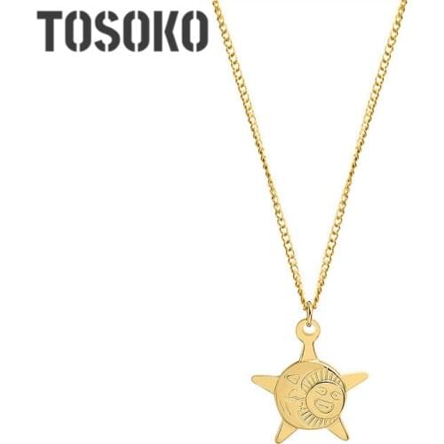 TOSOKO Stainless Steel Jewelry Five Pointed Star Sun Moon Necklace Female Personality Clavicle Chain BSP739