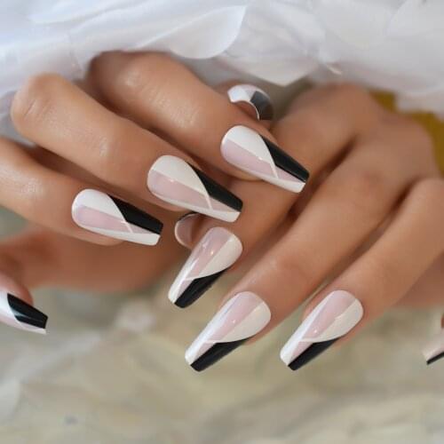 Long Acrylic Artificial Fingernails High Quality Coffin Nail Tips French Style Fake Nail Black White Pink Color