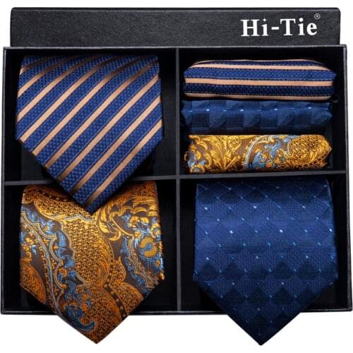 Hi-Tie Luxury Gift Box For Mens Tie Set Gold Paisley Navy Striped Silk Necktie Ties For Men Hanky Cufflinks Set For Wedding