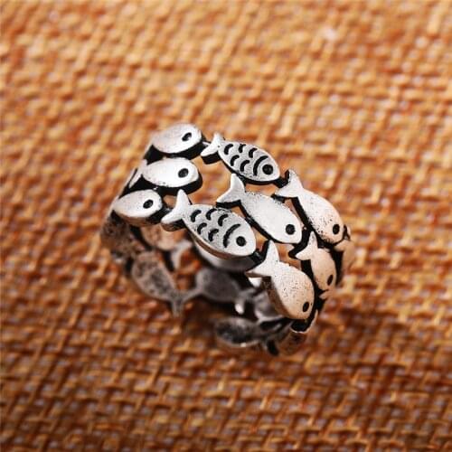 Huitan Cute Fish Rings for Women Personality Antique Silver Color Ring Simple Stylish Girls Accessories Party Statement Jewelry