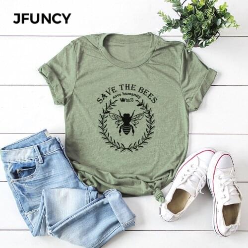 JFUNCY Plus Size Love Bees Print T Shirt Women Oversize Summer T-shirts Female Cotton Short Sleeve Tees Top Woman Casual Tshirt
