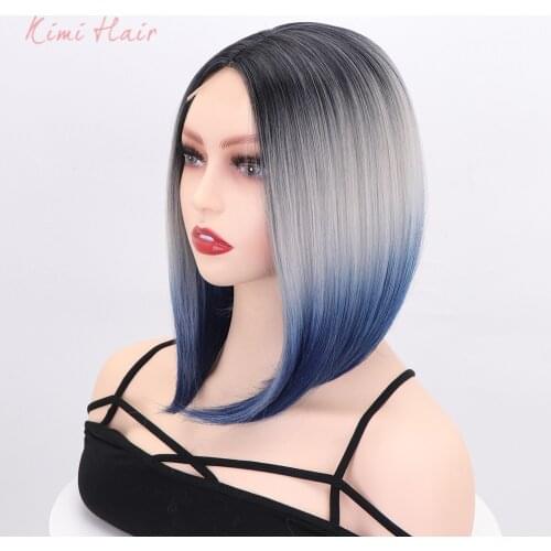 Kimi Hair Short Black Straight Gray Gradient Blue Purple Bob Wigs Middle Part Lace Wig Heat Resistant for Women