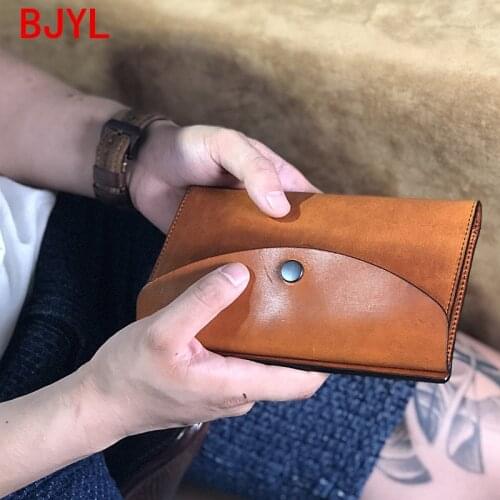 Handmade Clutch Bag Cowhide Mens Long Wallet Vintage Leather Ticket Holder Multi-card Mobile Phone Bags Large Capacity Original