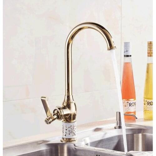 Fashion high quality copper single lever hot and cold gold finished kitchen Faucet tap sink faucet with ceramic base
