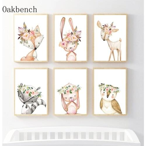 Nursery Art Poster Fox Bunny Fawn Bird Posters Animal Canvas Painting Flower Print Modern Wall Pictures Baby Kids Room Decor