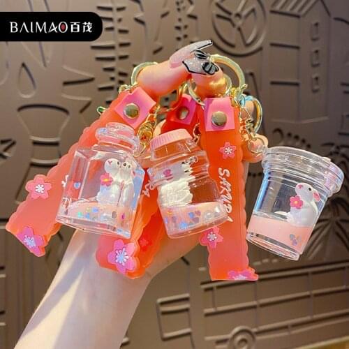 2021 New Creative Cartoon Acrylic Into Oil Floating Rabbit Keychain Female Cute Creative Car Key Chain Bag Pendant Child Gifts