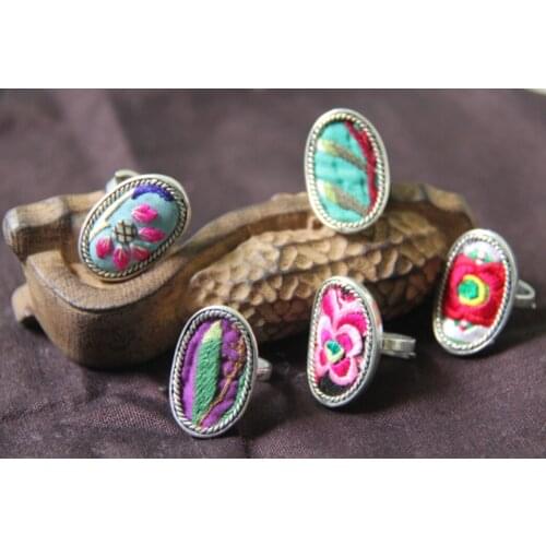 New 4PC National style Embroidery rings Miao silver plated ethnic cotton jewelry creative personality fashion colorful ring