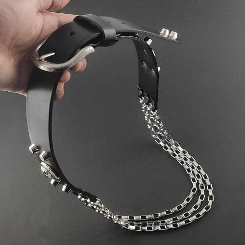 Biker Rock Leather Belt Mens Pants Waistband with Spring Chain #1