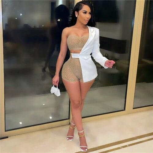 Sexy Mesh Sheer Rhinestone 3 Piece Set Women Matching Sets Strapless Crop Top and Shorts Suits Night Party Club Birthday Outfits