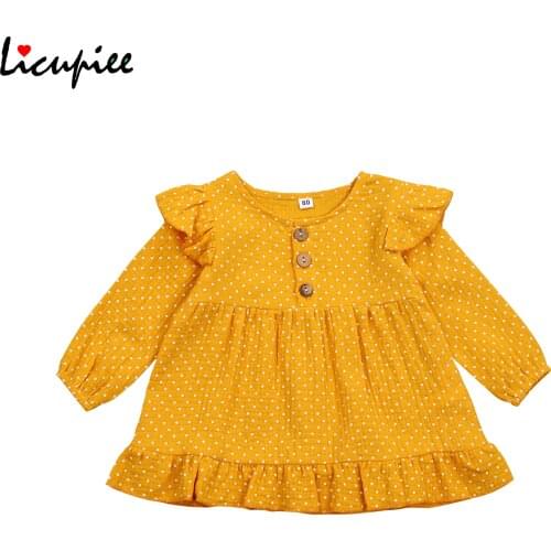 Girls Long Sleeve Dress Round Collar Fly Sleeves Wave Points Printed Pattern One-piece Pink/ Green/ Yellow 1-5 Years