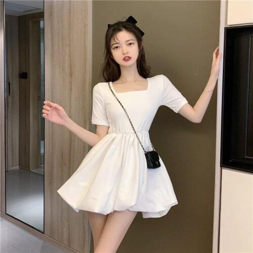 Dresses For Women Square Collar Short Sleeve High Waist Bud Dress 2021 Summer A- Line Skirt Vestido De Mujer Femme Robe