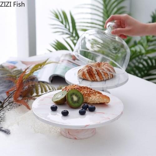 Anti-marble Tall Ceramic Cake Tray Glass Cover Dining Table Dessert Table Display Stand Cake Stand Home Kitchen Fruit Tray