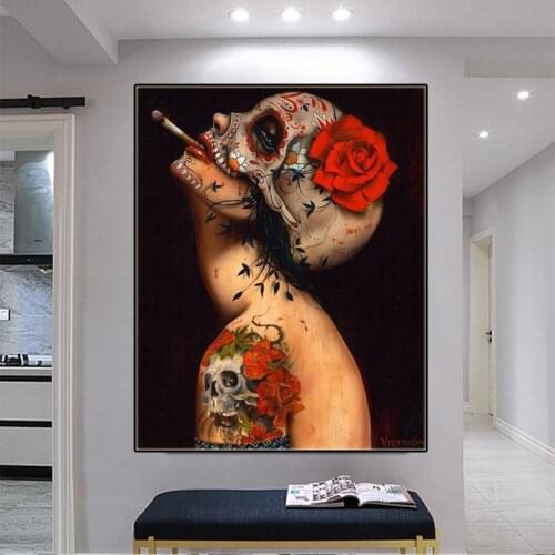 Sexy Smoking Skull Nude Girl Posters with Flower Tattoo Abstract Canvas Painting and Prints Wall Pictures for Living Room Decor