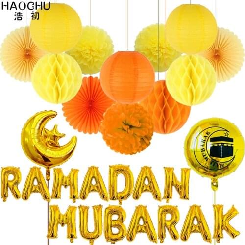 28pcs/lot Muslim Party Decoration Set Moon Star Foil Balloons Letter Ramadan Mubarak Tissue Paper Lanterns Honeycomb Ball Eid