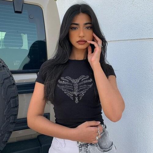 Rhinestone Ribbed Black Tee Shirt Femme Goth Y2K Crop Top Basic Short Sleeve Streetwear Tshirt Pullover 2021