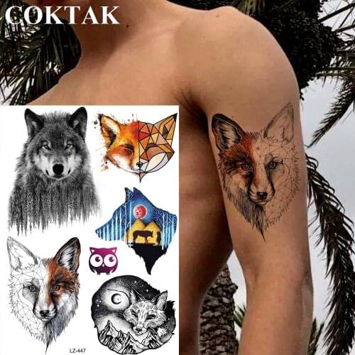 COKTAK Geometric Fox Wolf Temporary Tattoos For Men Women Henna Tatoos Paper Waterproof Body Art Arm Leg DIY Fake Tattoo Sticker