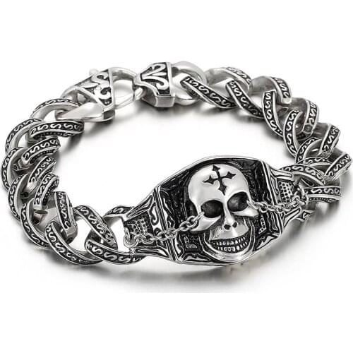 Jewels Store 13mm Vintage Cuban Hand Chain Nordic Pirates Mens Stainless Steel Bracelet Cross Buckle Jewelry For Man