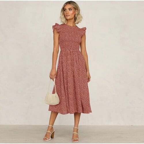 Ruffles Women Fashion Dresses Lady Summer Mid Length Print Dress