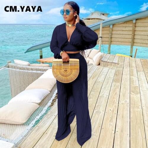 CM.YAYA Women Beach Holiday Two 2 Piece Set Outfits Tie Up Crop Tops and Pleated Pants Matching Set Autumn Winter Tracksuit