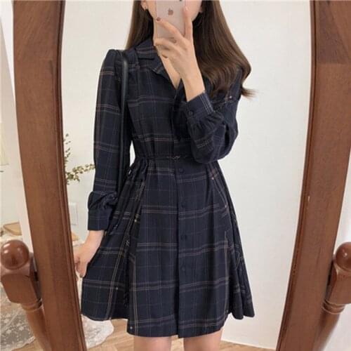 2021 Women Summer Square collar Casual Suit female Elegant Plelated A-Line Mini Dress lady polo long sleeve plaid vestidos H12