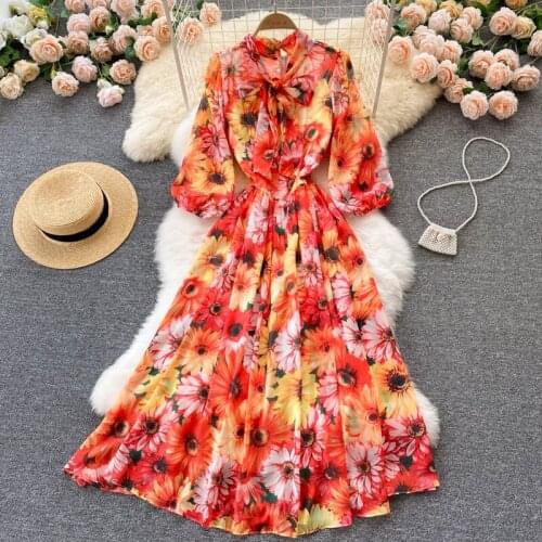 SINGREINY Women Chiffon Print Dress Sweet Bow Collar Puff Sleeve A-line Dresses 2021 Autumn Bohemian Casual Vacation Long Dress