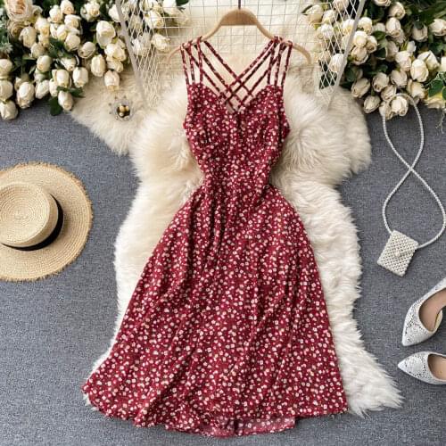 SINGREINY Vintage Floral Sling Dress Women Sexy V Neck Backless A Line Dress Korean Summer Vacation Beach Slim Print Dress