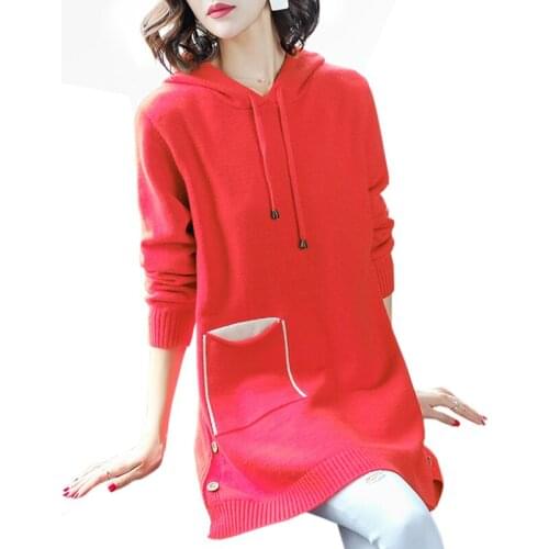 Winter new Solid color Hooded Tops Women Fashion Long Pullovers Sweater Casual Knitted Thick Warm Sweater dress Female
