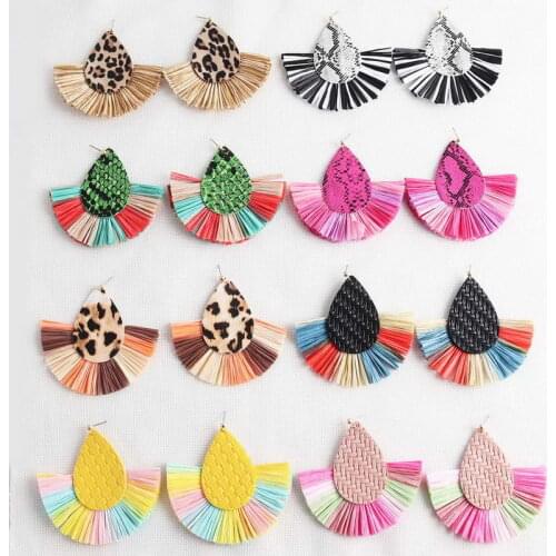 ZWPON Leopard Leather Teardrop Fan Fringe Rainbow Raffia Earrings for Women Fashion Fall Jewelry Wholesale