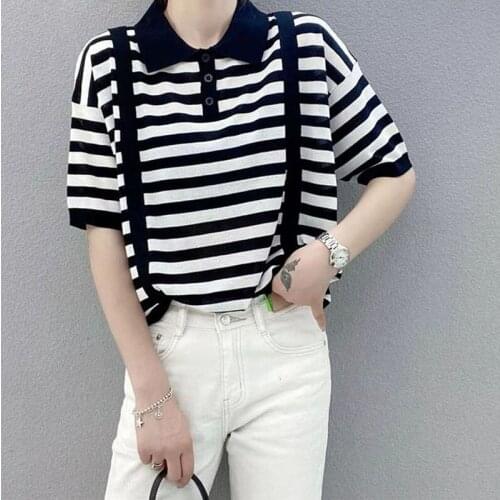 2021 Hot Sale Sale 20531 (4 3 Ranked No. 1) Not Make Web Celebrity Figure Square Collar Stripe Short-sleeved Sweater [2000] 33
