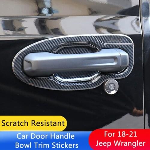QHCP 10Pcs Carbon Fiber Black Car Accessories Exterior Outer Door Bowl Protective Cover Trim Sticker For Jeep Wrangler 2018-2021