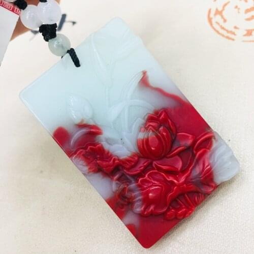 Pure natural chicken blood jade Hand-carved two-color square flower pendant with three-color bead necklace Men and women sweater