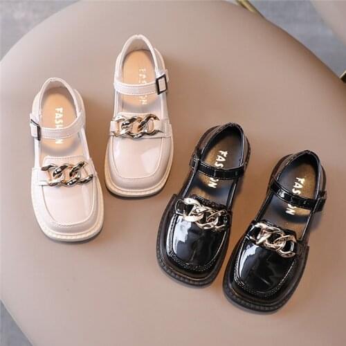 Girls Leather Shoes of Autumn 2021 New Fashion Metal Mary Janes Shoes For Kids Casual SHoes Black Princess Shoes White Children