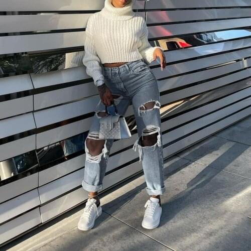 Boyfriend Jeans Women Hollow Out Denim Solid High Waist Loose Casual Straight Korean Streetwear Lady Trousers Vintage Harem Pant