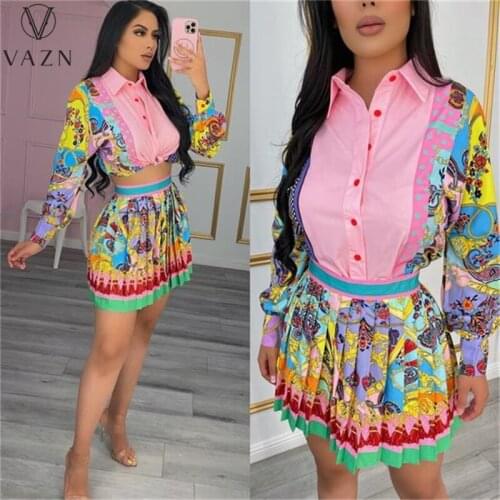 VAZN 2021 INS V-neck Elegant Lady Floral Print 2 Piece Set Boho Beach Summer Women Full Sleeve Top And Mini Pleated Skirt Suits